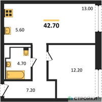 Планировка однокомнатной(квартира) площадью 42.7 квадратных метров в “ЖК INJOY (Инджой)”