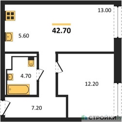 Планировка однокомнатной(квартира) площадью 42.7 квадратных метров в ЖК “ЖК INJOY (Инджой)”