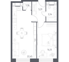 Планировка однокомнатной(апартаменты) площадью 46.59 квадратных метров в “ЖК Пятницкое 58 (Перец)”