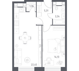 Планировка однокомнатной(апартаменты) площадью 46.59 квадратных метров в ЖК “ЖК Пятницкое 58 (Перец)”