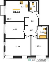 Планировка трехкомнатной(квартира) площадью 68.53 квадратных метров в “ЖК Пригород Лесное”