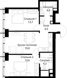 Планировка двухкомнатной(квартира) площадью 59 квадратных метров в ЖК “ЖК Сити Бэй”