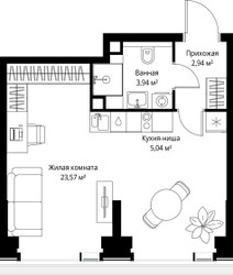 Планировка однокомнатной(квартира) площадью 35.49 квадратных метров в ЖК “Мультиквартал СИТИДЗЕН”