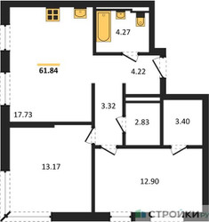 Планировка двухкомнатной(квартира) площадью 61.84 квадратных метров в ЖК “ЖК Квартал Герцена”