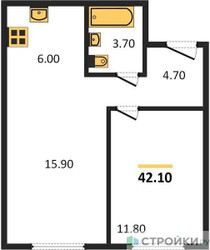 Планировка однокомнатной(квартира) площадью 42.1 квадратных метров в ЖК “ЖК Новый Зеленоград”