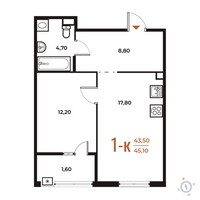 Планировка однокомнатной(квартира) площадью 45.1 квадратных метров в “ЖК Новое Летово”