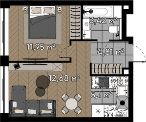 Планировка однокомнатной(квартира) площадью 38 квадратных метров в ЖК “ЖК Квартал Серебряный бор”