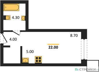 Планировка студии(квартира) площадью 22 квадратных метров в ЖК “Сити квартал Отрада”