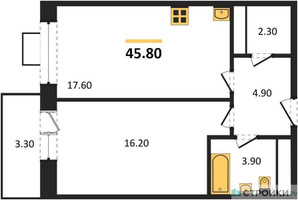 Планировка однокомнатной(квартира) площадью 45.8 квадратных метров в “ЖК Идеал”
