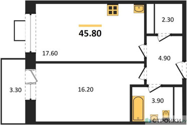 Планировка однокомнатной(квартира) площадью 45.8 квадратных метров в ЖК “ЖК Идеал”