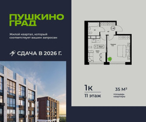 Планировка однокомнатной(квартира) площадью 35 квадратных метров в ЖК “ЖК Пушкино Град”