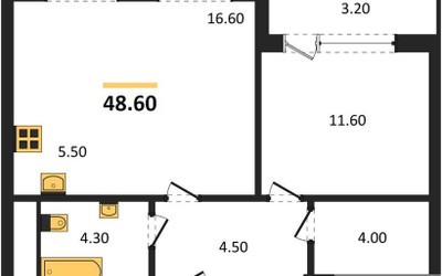 Планировка однокомнатной(квартира) площадью 48.6 квадратных метров в ЖК “Квартал Филатов луг”