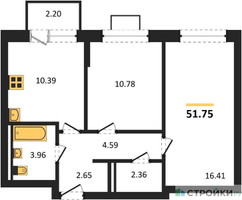 Планировка двухкомнатной(квартира) площадью 51.75 квадратных метров в “ЖК Богдановский Лес”