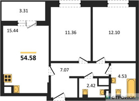 Планировка двухкомнатной(квартира) площадью 54.58 квадратных метров в “ЖК Светлый мир Станция Л”