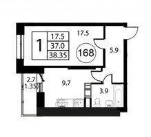 Планировка однокомнатной(квартира) площадью 38.4 квадратных метров в “ЖК Космос”
