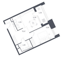 Планировка однокомнатной(апартаменты) площадью 53.43 квадратных метров в “ЖК Скай Спутник”