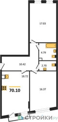 Планировка двухкомнатной(квартира) площадью 70.1 квадратных метров в ЖК “ЖК Эльйон”