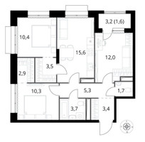 Планировка трехкомнатной(квартира) площадью 70.4 квадратных метров в “ЖК 1-й Саларьевский (Первый Саларьевский)”