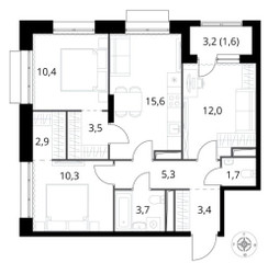 Планировка трехкомнатной(квартира) площадью 70.4 квадратных метров в ЖК “ЖК 1-й Саларьевский (Первый Саларьевский)”
