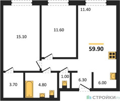 Планировка двухкомнатной(квартира) площадью 59.9 квадратных метров в “ЖК Новый Зеленоград”