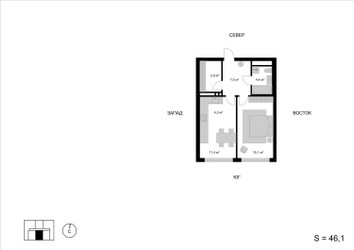 Планировка двухкомнатной(квартира) площадью 46.1 квадратных метров в ЖК “ЖК Мытищи Сити”
