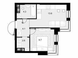 Планировка однокомнатной(квартира) площадью 34.1 квадратных метров в “ЖК Трилогия Кристалл”