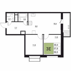 Планировка трехкомнатной(квартира) площадью 59.5 квадратных метров в ЖК “ЖК Вяземы Парк”