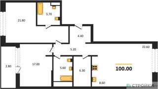Планировка двухкомнатной(квартира) площадью 100 квадратных метров в “ЖК Монблан”