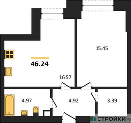 Планировка однокомнатной(квартира) площадью 46.24 квадратных метров в ЖК “ЖК Sezar City (Сезар Сити)”