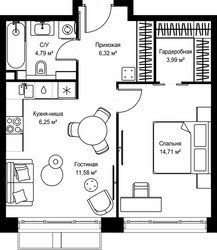 Планировка однокомнатной(квартира) площадью 47.64 квадратных метров в ЖК “Архитектурный проект Мыс”