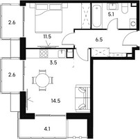 Планировка двухкомнатной(апартаменты) площадью 50.4 квадратных метров в “Апарт-комплекс Аквилон Сигнал”