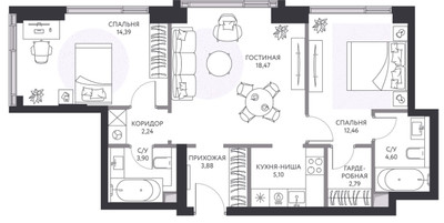 Планировка двухкомнатной(квартира) площадью 68.6 квадратных метров в ЖК “ЖК Hide (Хайд)”