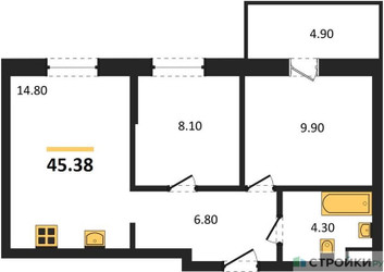 Планировка двухкомнатной(квартира) площадью 45.38 квадратных метров в ЖК “ЖК ВОСТОК II”