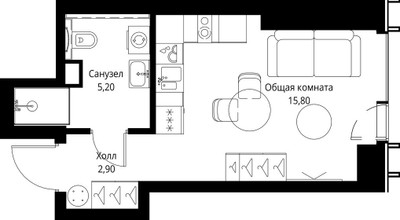 Планировка студии(квартира) площадью 23.9 квадратных метров в ЖК “ЖК Веер”
