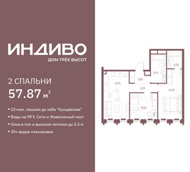 Планировка двухкомнатной(квартира) площадью 57.87 квадратных метров в ЖК “ЖК Индиво”
