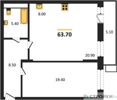 Планировка однокомнатной(квартира) площадью 63.5 квадратных метров в “ЖК Пироговская Ривьера”