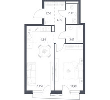 Планировка однокомнатной(квартира) площадью 44.8 квадратных метров в “ЖК Квартал Авиаторов”