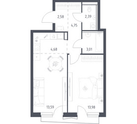 Планировка однокомнатной(квартира) площадью 44.8 квадратных метров в ЖК “ЖК Квартал Авиаторов”
