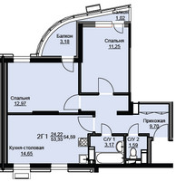 Планировка двухкомнатной(квартира) площадью 54.8 квадратных метров в “ЖК Соболевка”