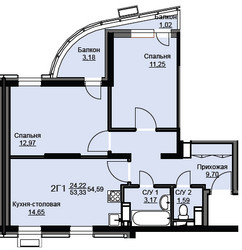 Планировка двухкомнатной(квартира) площадью 54.8 квадратных метров в ЖК “ЖК Соболевка”