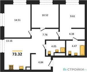 Планировка трехкомнатной(квартира) площадью 73.32 квадратных метров в ЖК “ЖК UltimaСity (УльтимаСити)”