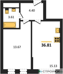 Планировка однокомнатной(квартира) площадью 36.81 квадратных метров в ЖК “ЖК Дюна”