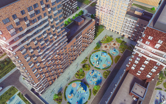 ЖК «Город на Реке Тушино-2018» детская площадка и вид на корпус