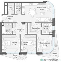 Планировка трехкомнатной(квартира) площадью 126 квадратных метров в “ЖК Лаврушинский”