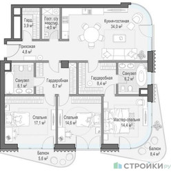 Планировка трехкомнатной(квартира) площадью 126 квадратных метров в “ЖК Лаврушинский”