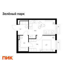 Планировка однокомнатной(квартира) площадью 32.9 квадратных метров в ЖК “ЖК Зеленый парк”
