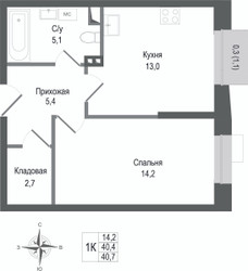 Планировка однокомнатной(квартира) площадью 40.4 квадратных метров в ЖК “ЖК КИНОКВАРТАЛ”