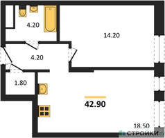 Планировка однокомнатной(квартира) площадью 42.9 квадратных метров в “ЖК Первый Московский”
