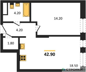 Планировка однокомнатной(квартира) площадью 42.9 квадратных метров в ЖК “ЖК Первый Московский”