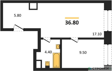 Планировка однокомнатной(квартира) площадью 36.8 квадратных метров в ЖК “ЖК Voice Towers (Войс Тауэрс)”